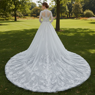 Modest Sweetheart Queen Anne Neckline Long Sleeve Wedding Dress