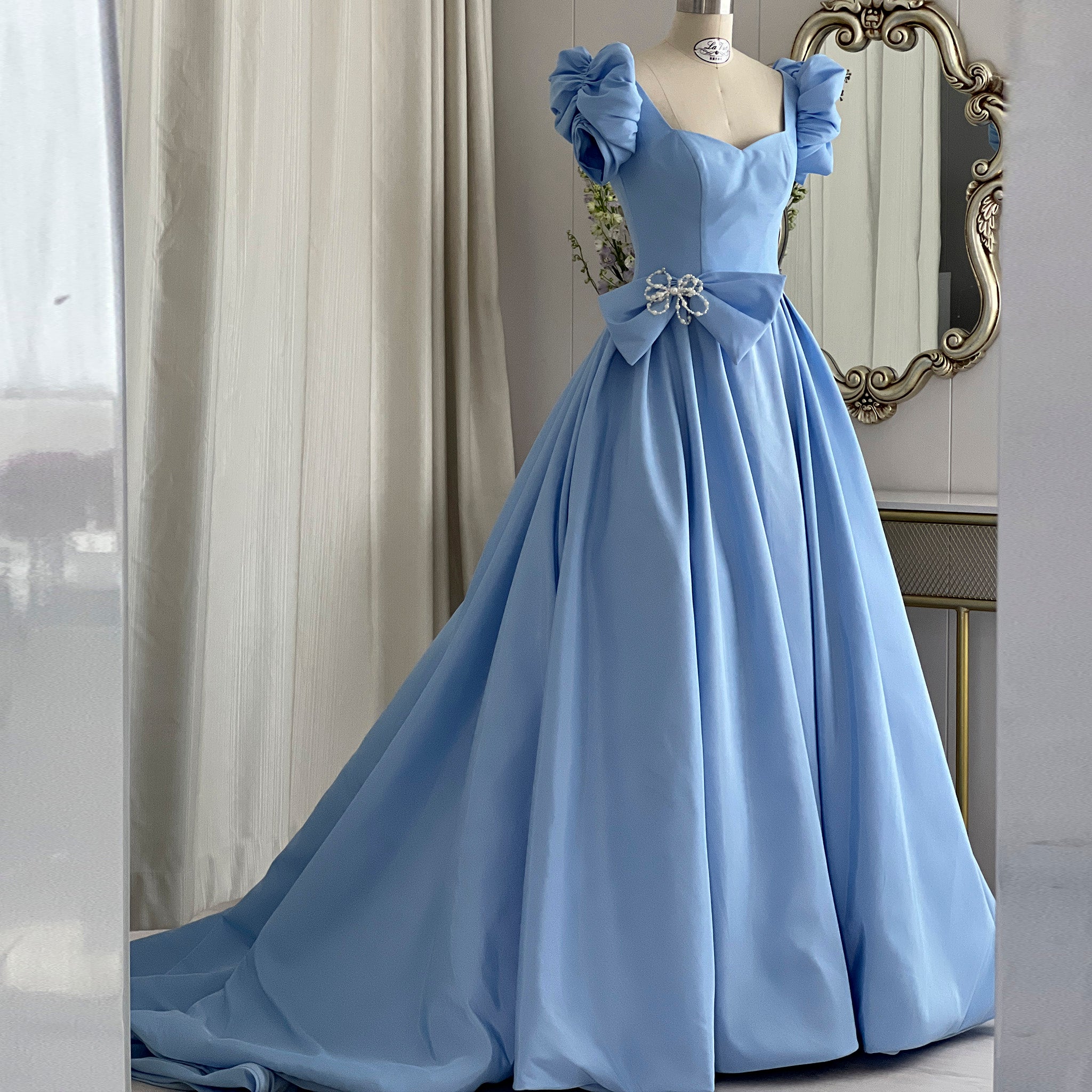 Elegant Queen Anne Satin Sky Blue Prom Dress with Short Sleeves Rosymae Elegant Queen Anne Satin Sky Blue Prom Dress with Short Sleeves Rosymae
