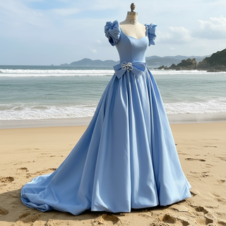 Elegant Queen Anne Satin Sky Blue Prom Dress with Short Sleeves