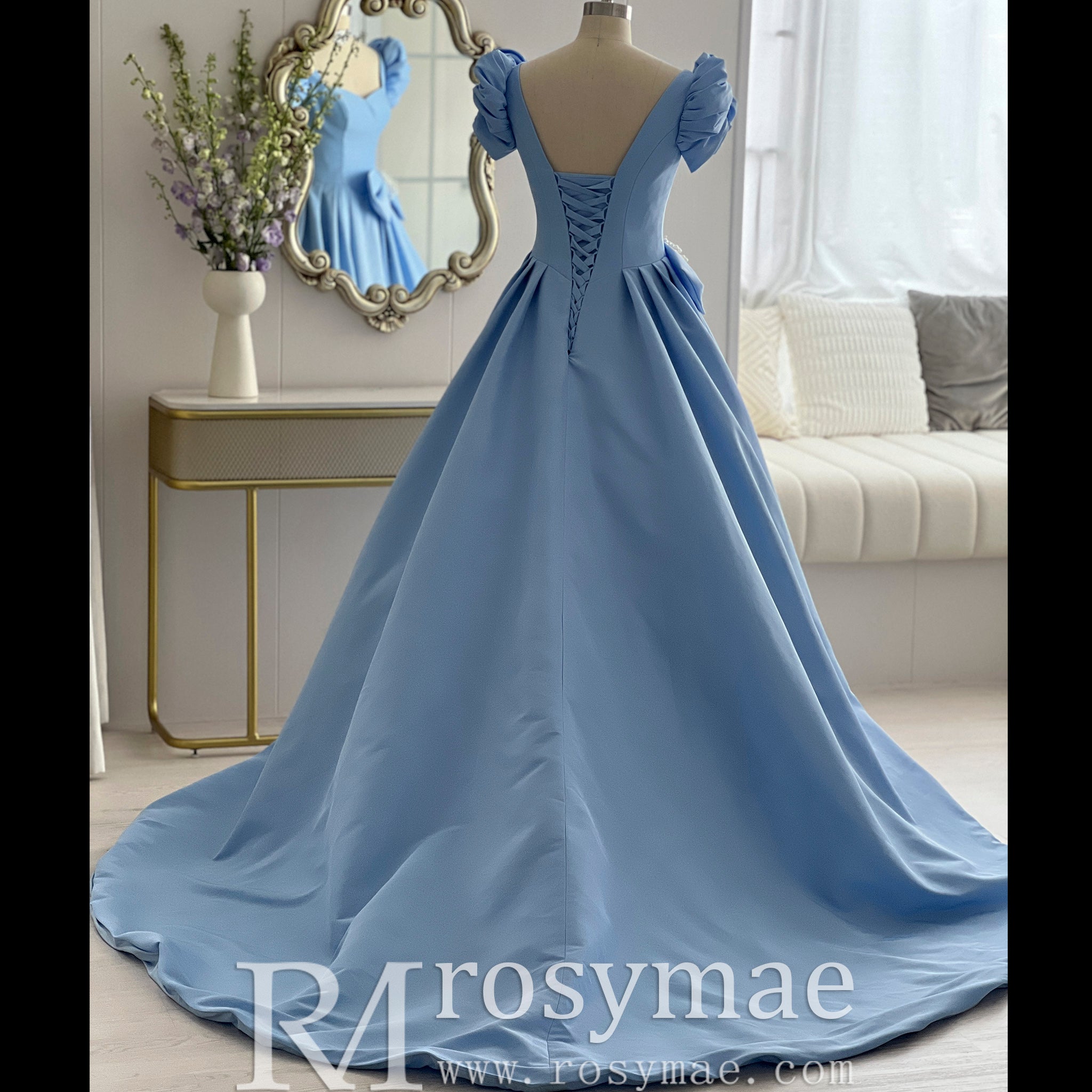 Elegant Queen Anne Satin Sky Blue Prom Dress with Short Sleeves Rosymae Elegant Queen Anne Satin Sky Blue Prom Dress with Short Sleeves Rosymae