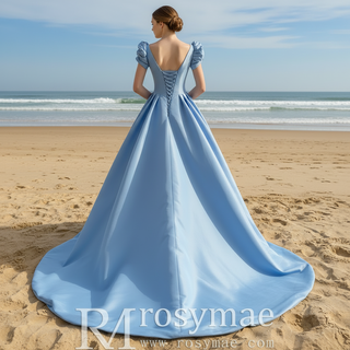Elegant Queen Anne Satin Sky Blue Prom Dress with Short Sleeves
