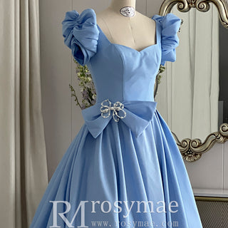 Queen Anne Satin Sky Blue Prom Dress with Short Sleeves