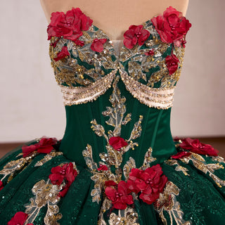 Red and Gold Floral Emerald Ball Gown for Non-Traditional Weddings or Royal Prom