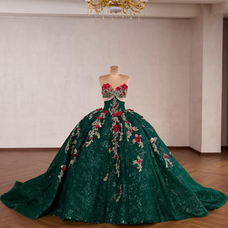 Red and Gold Floral Emerald Ball Gown for Non-Traditional Weddings or Royal Prom