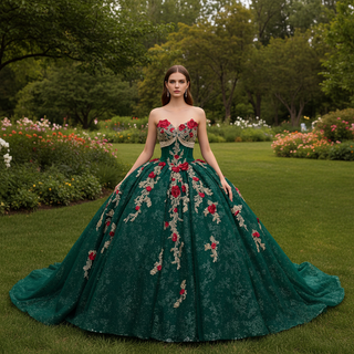 Red and Gold Floral Emerald Ball Gown for Non-Traditional Weddings or Royal Prom