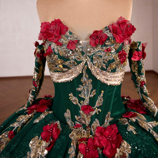 Red and Gold Floral Emerald Ball Gown for Non-Traditional Weddings or Royal Prom