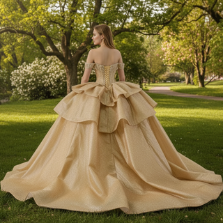 Champange Wedding Gowns Ruffled Off the Shoulder Quince Dress