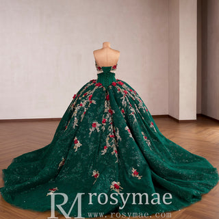 Red and Gold Floral Emerald Ball Gown for Non-Traditional Weddings or Royal Prom