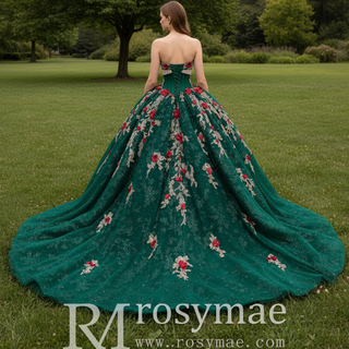 Red and Gold Floral Emerald Ball Gown for Non-Traditional Weddings or Royal Prom