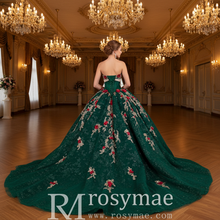 Red and Gold Floral Emerald Ball Gown for Non-Traditional Weddings or Royal Prom