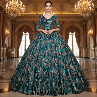 Sparky Sequins Half Sleeves Ball Gown Floor Length Quinceanera Dresses