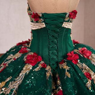 Red and Gold Floral Emerald Ball Gown for Non-Traditional Weddings or Royal Prom