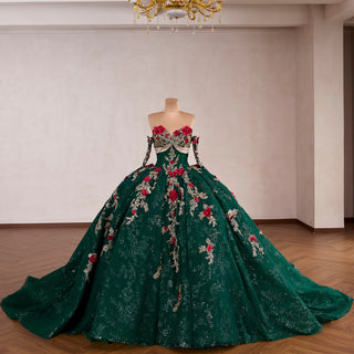 Red and Gold Floral Emerald Ball Gown for Non-Traditional Weddings or Royal Prom