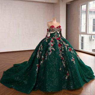 Red and Gold Floral Emerald Ball Gown for Non-Traditional Weddings or Royal Prom