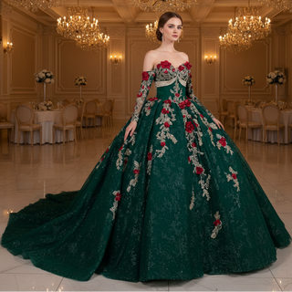 Red and Gold Floral Emerald Ball Gown for Non-Traditional Weddings or Royal Prom