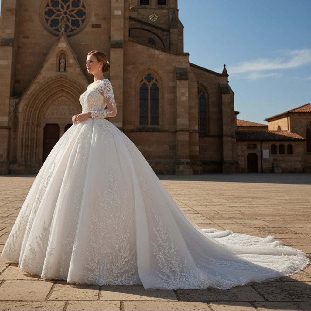 Keyhole Back Ball Gown Square Neck Wedding Dresses with Long Sleeve White / 12 Keyhole Back Ball Gown Square Neck Wedding Dresses with Long Sleeve White / 12