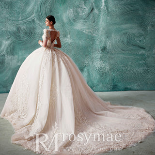 Keyhole Back Ball Gown Square Neck Wedding Dresses with Long Sleeve