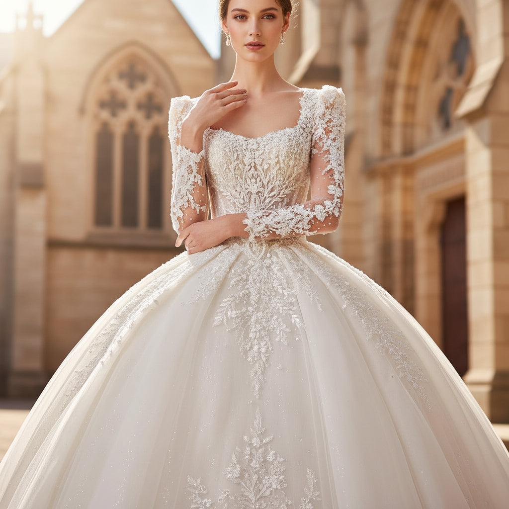 Keyhole Back Ball Gown Square Neck Wedding Dresses with Long Sleeve White / 12 Keyhole Back Ball Gown Square Neck Wedding Dresses with Long Sleeve White / 12
