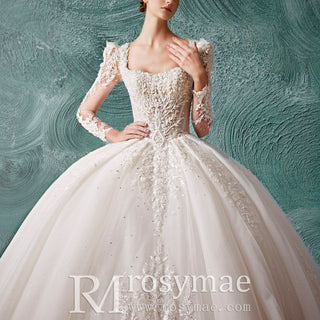Keyhole Back Ball Gown Square Neck Wedding Dresses with Long Sleeve