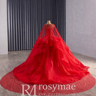 2-in-1 Red Layered Quinceañera Dress with Detachable Beaded Cape