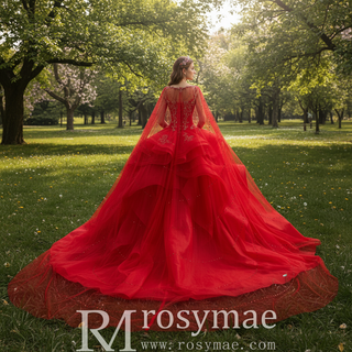 2-in-1 Red Layered Quinceañera Dress with Detachable Beaded Cape