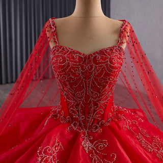 2-in-1 Red Layered Quinceañera Dress with Detachable Beaded Cape