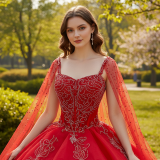 2-in-1 Red Layered Quinceañera Dress with Detachable Beaded Cape