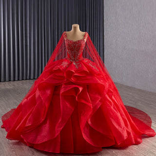 2-in-1 Red Layered Quinceañera Dress with Detachable Beaded Cape