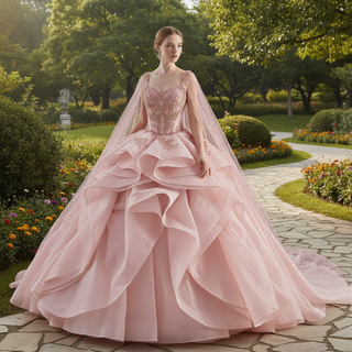 2-in-1 Red Layered Quinceañera Dress with Detachable Beaded Cape