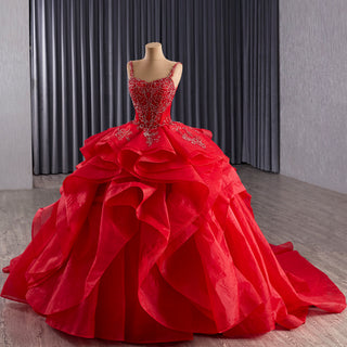 2-in-1 Red Layered Quinceañera Dress with Detachable Beaded Cape