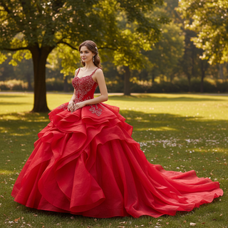 2-in-1 Red Layered Quinceañera Dress with Detachable Beaded Cape