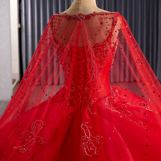 2-in-1 Red Layered Quinceañera Dress with Detachable Beaded Cape