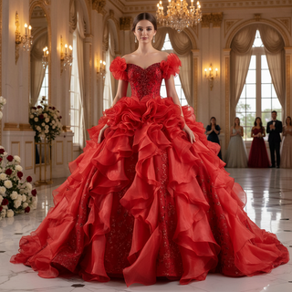 Ruffle Red Quinceanera Dress Sequined Evening Gown with Off the Shoulder