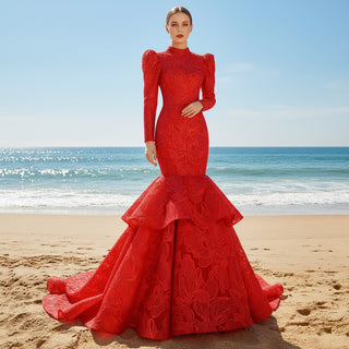 fitted lace wedding dress Sparkly Red Mermaid Lace Prom Dresses with Long Sleeves Rosymae fitted lace wedding dress Sparkly Red Mermaid Lace Prom Dresses with Long Sleeves Rosymae