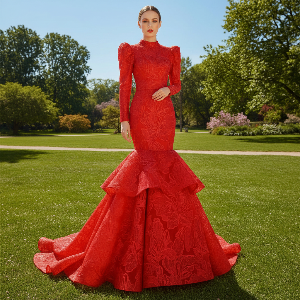 Sparkly Red Mermaid Lace Prom Dresses with Long Sleeves Red / 26W Sparkly Red Mermaid Lace Prom Dresses with Long Sleeves Red / 26W