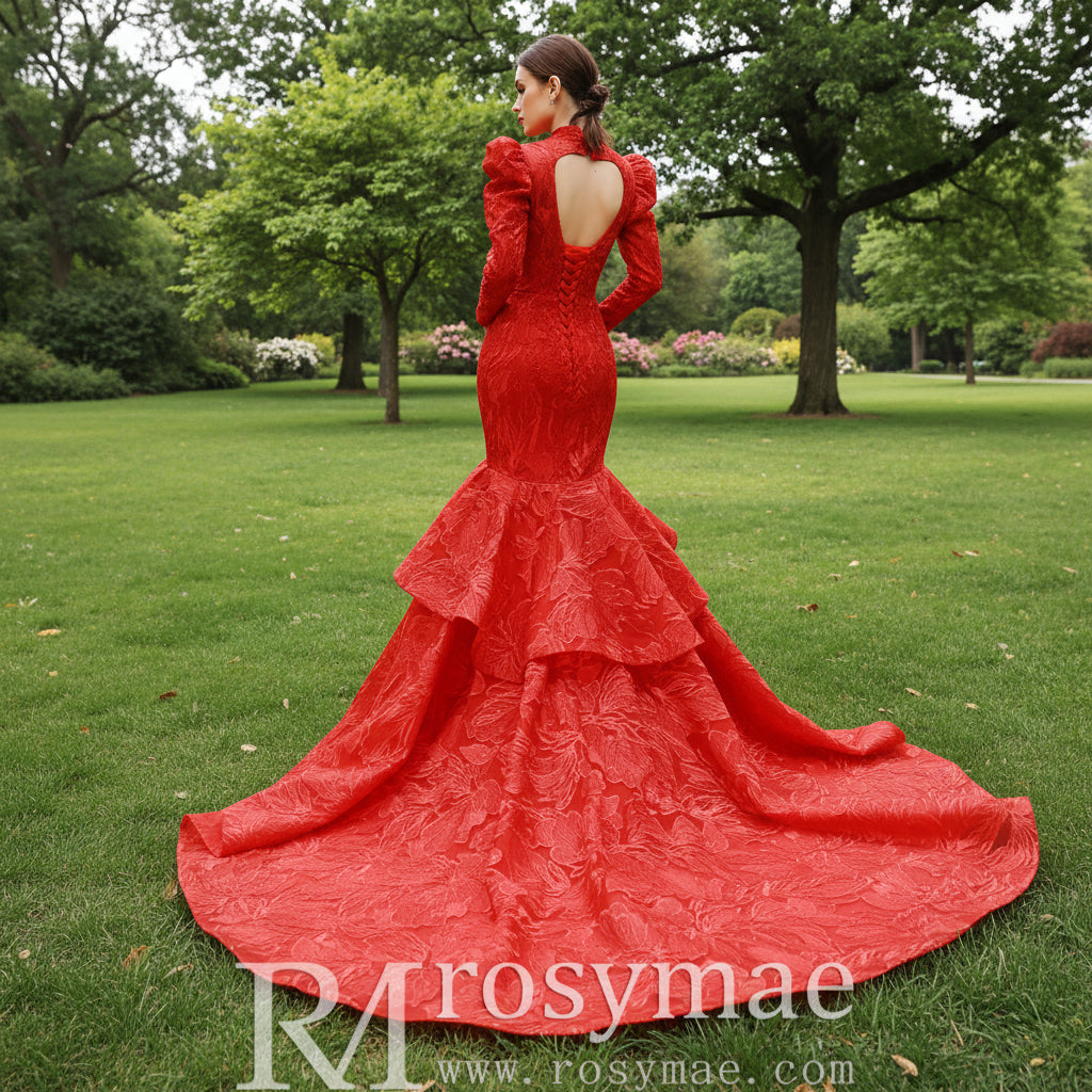 Sparkly Red Mermaid Lace Prom Dresses with Long Sleeves Red / 26W Sparkly Red Mermaid Lace Prom Dresses with Long Sleeves Red / 26W