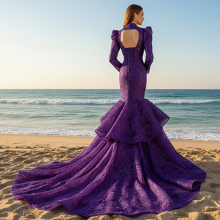 Red-Mermaid-Lace-High-Neck-Long-Sleeve-keyhole-Prom-Dress