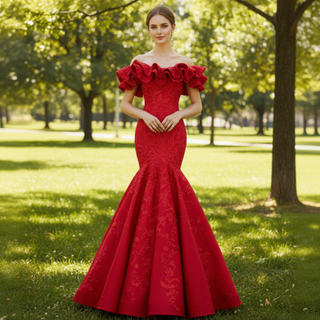 Red Mermaid Satin Off the Shoulder Appliques Ruffles Prom Dress