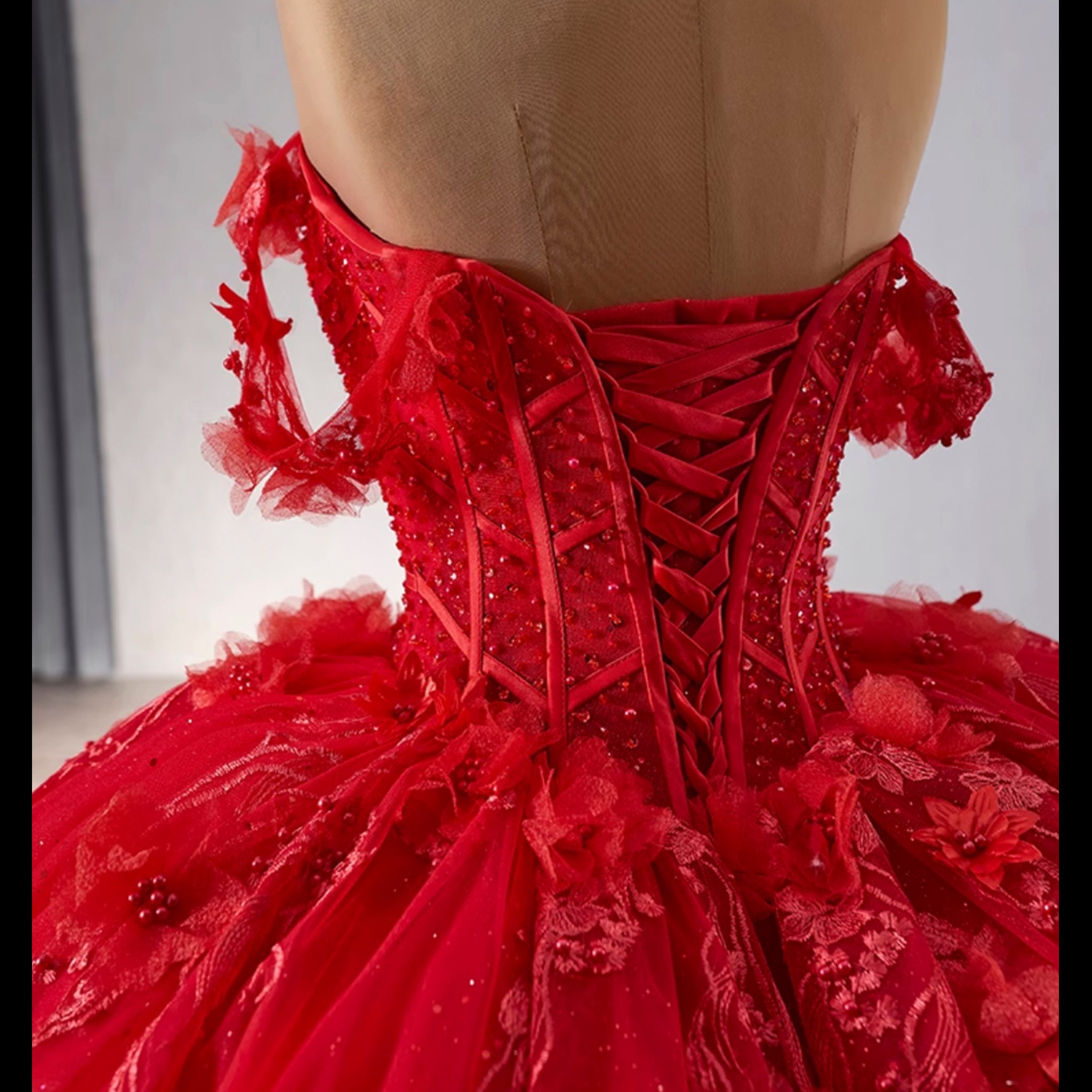 Sparkly Lace Applique Red Wedding Gowns Off The Shoulder Quince Dress Red / 24W Sparkly Lace Applique Red Wedding Gowns Off The Shoulder Quince Dress Red / 24W