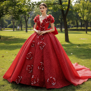 Classic Red Fairytale Princess Sparkly Quinceanera Dress with Long Bowknot
