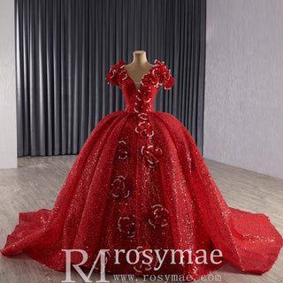 Red Fairytale Princess Sparkly Quinceanera Dress with Long Bowknot