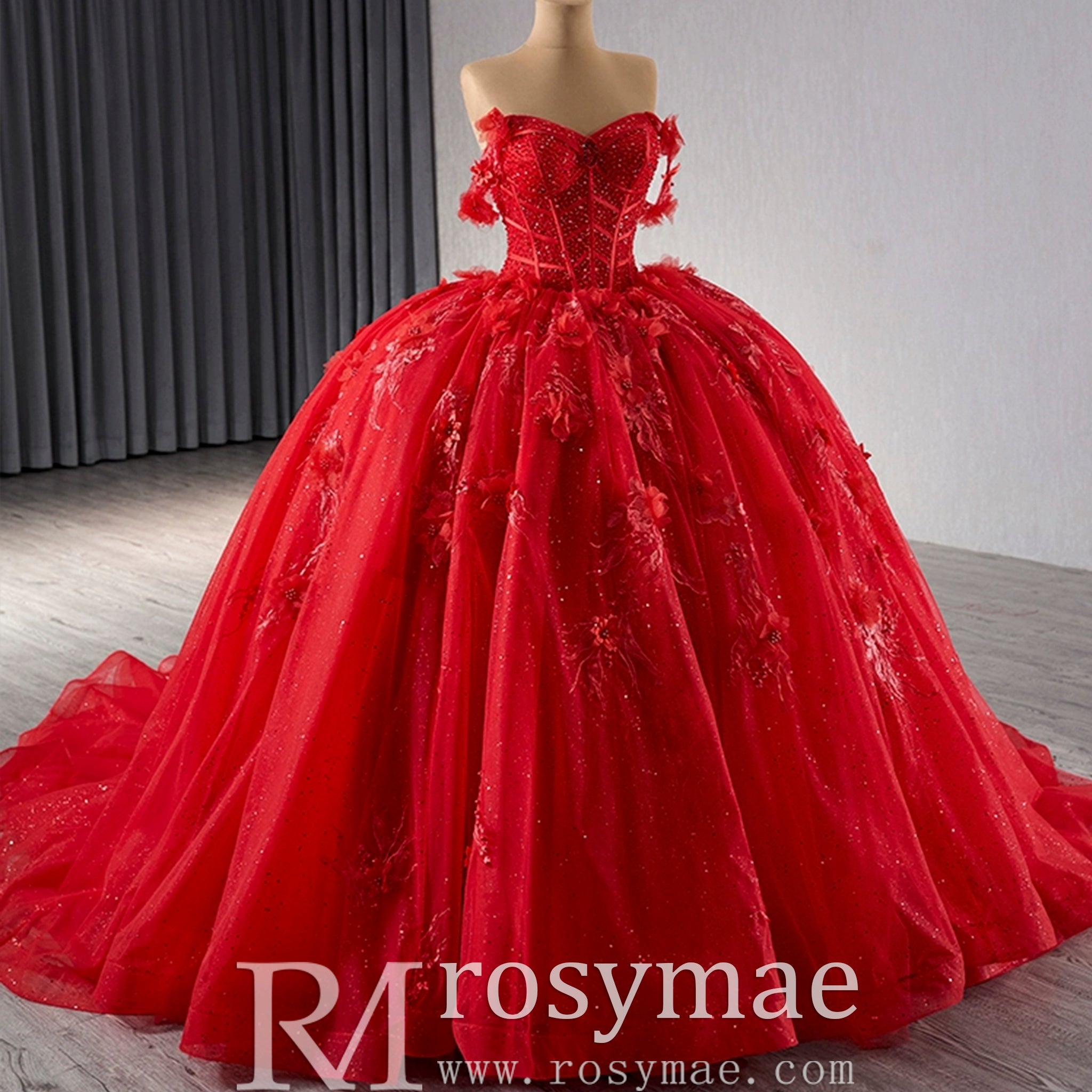 Sparkly Lace Applique Red Wedding Gowns Off the Shoulder Quince Dress Red / 24W Sparkly Lace Applique Red Wedding Gowns Off the Shoulder Quince Dress Red / 24W