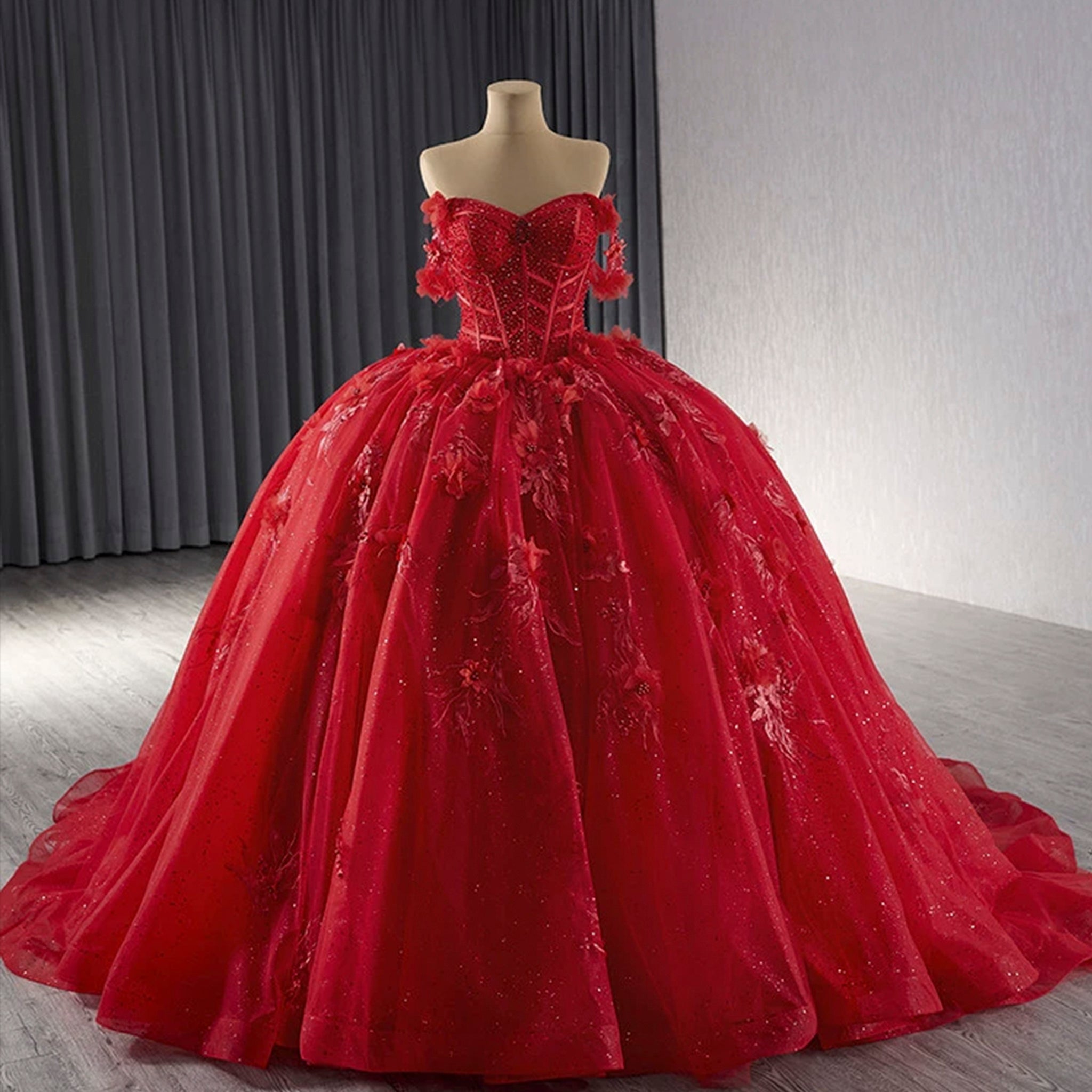 Sparkly Lace Applique Red Wedding Gowns Off The Shoulder Quince Dress Red / 24W Sparkly Lace Applique Red Wedding Gowns Off The Shoulder Quince Dress Red / 24W