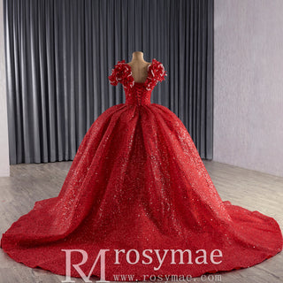 Red Fairytale Princess Sparkly Quinceanera Dress with Long Bowknot