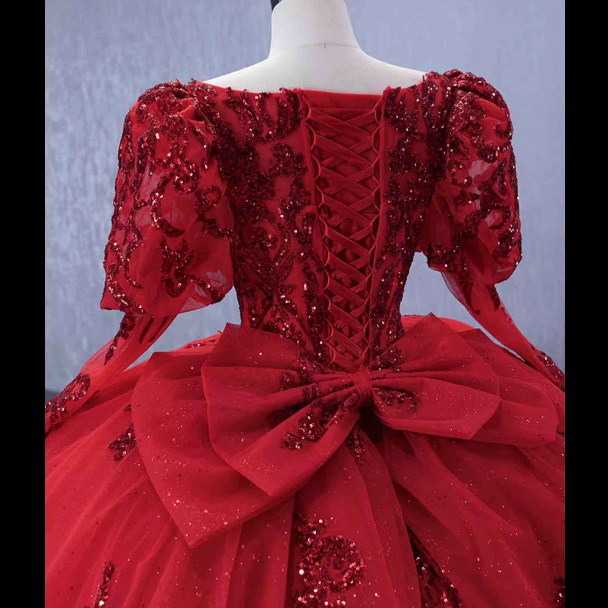 red long sleeve wedding dress Vintage Luxury Red Wedding Dress Sparkly Lantern Long Sleeve Ball Gown – Rosymae