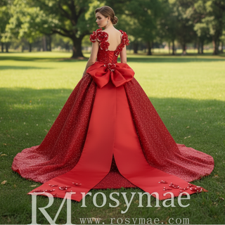 Classic Red Fairytale Princess Sparkly Quinceanera Dress with Long Bowknot