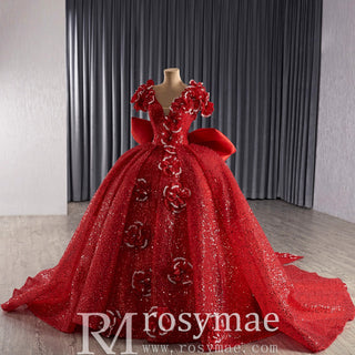 Red Fairytale Princess Sparkly Quinceanera Dress with Long Bowknot