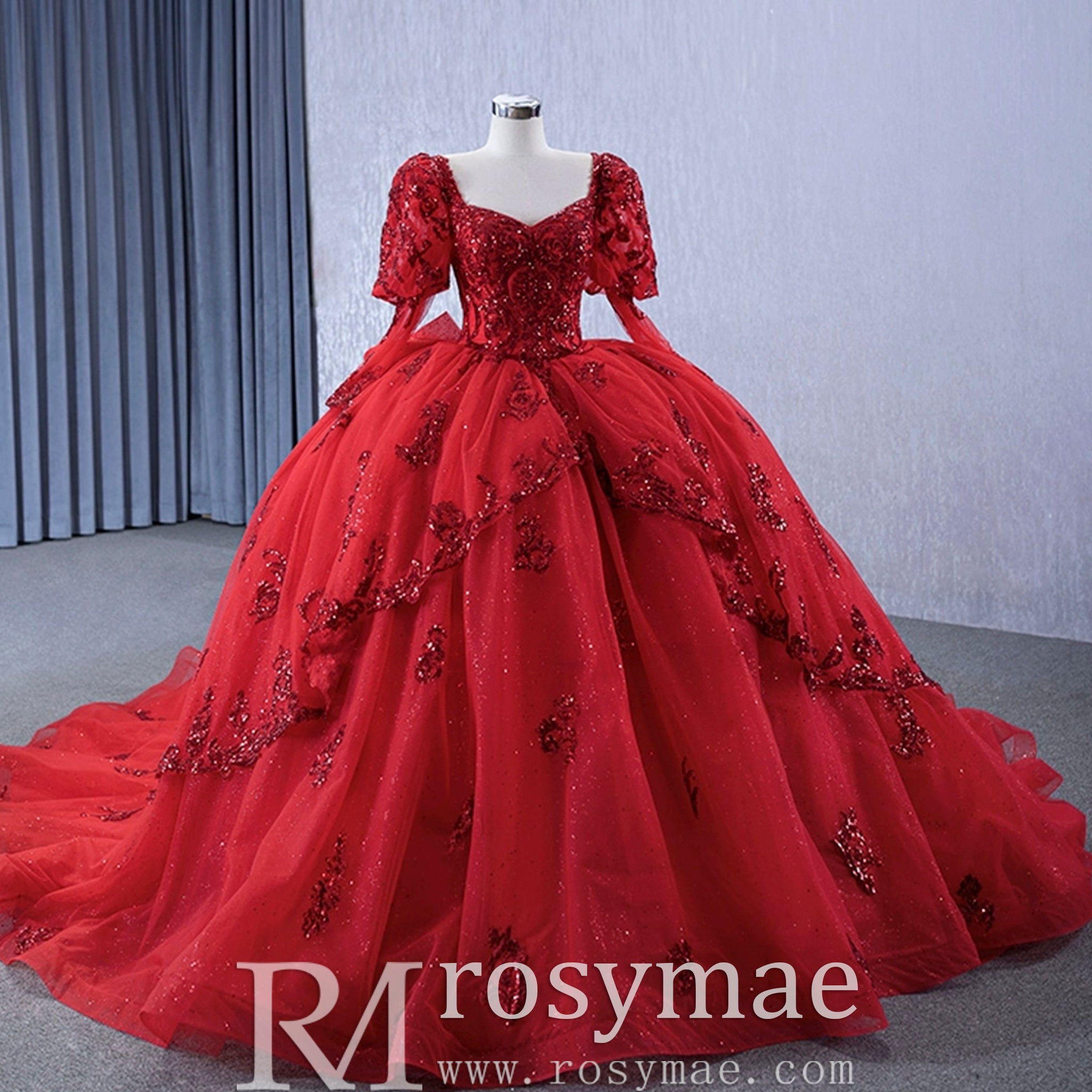 Vintage Luxury Red Wedding Dress Sparkly Lantern Long Sleeve Ball Gown – Rosymae Vintage Luxury Red Wedding Dress Sparkly Lantern Long Sleeve Ball Gown – Rosymae