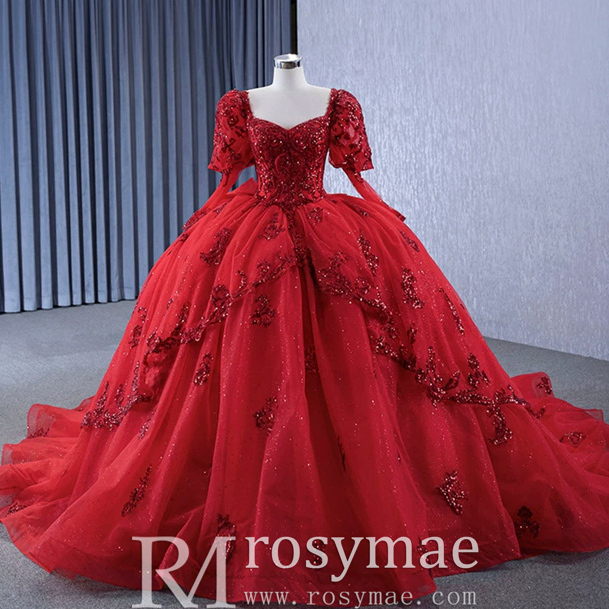 Vintage Luxury Red Wedding Dress Sparkly Lantern Long Sleeve Ball Gown Rosymae Vintage Luxury Red Wedding Dress Sparkly Lantern Long Sleeve Ball Gown Rosymae