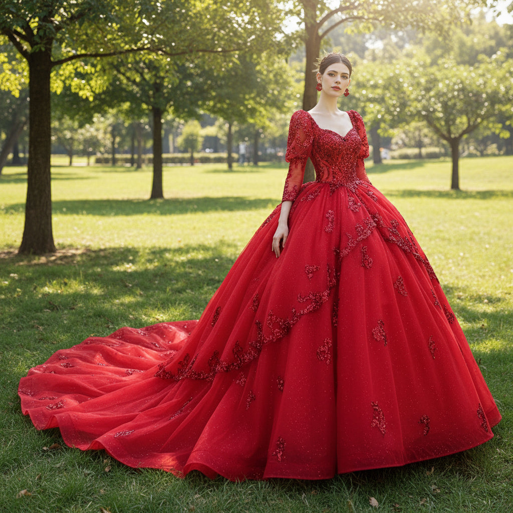 Vintage Luxury Red Wedding Dress Sparkly Lantern Long Sleeve Ball Gown Brt. Red / 18W Vintage Luxury Red Wedding Dress Sparkly Lantern Long Sleeve Ball Gown Brt. Red / 18W